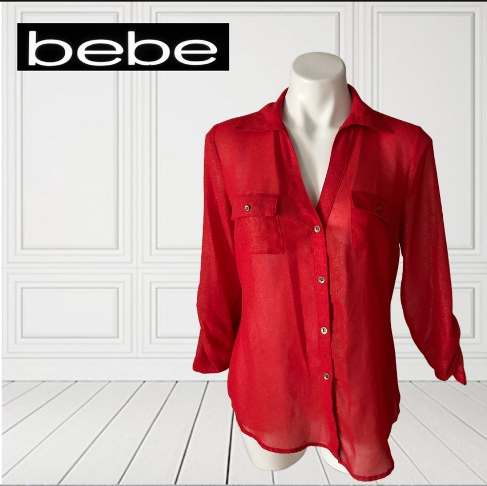 Bebe Red Sheer Button-Up Blouse